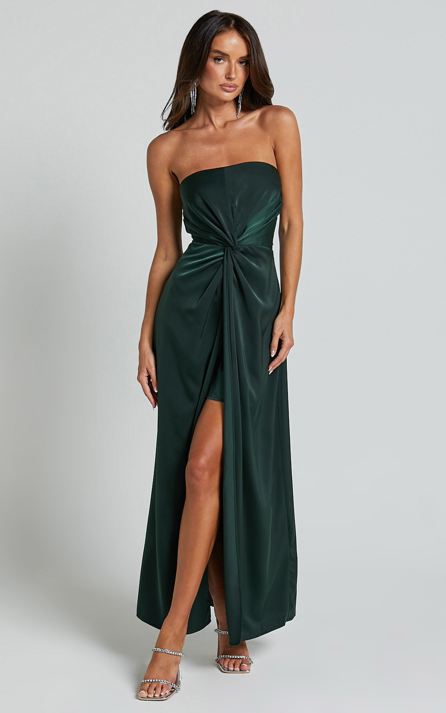 Hathaway Maxi Dress - Strapless Straight Neck Twist Front Split in Emerald | Showpo (US, UK & Europe)