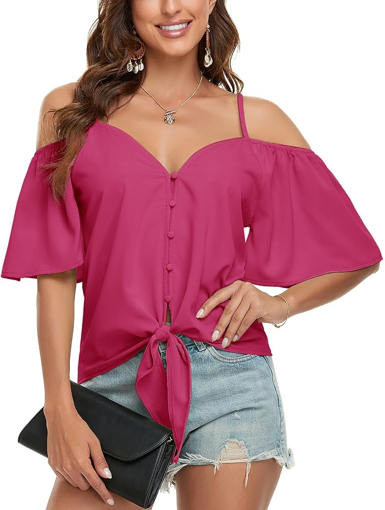 Vshemoi Women's Summer Off Shoulder Tops V Neck Button Down Tie Knot Front Blouse Ruffle Short Sl... | Amazon (US)