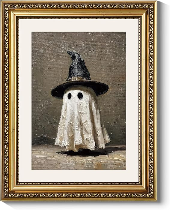 ARPEOTCY Gold Framed Canvas Art, Vintage Halloween Decor, 11x14 Inch, Cute Ghost with Witch Hat Decor for Bedroom Kitchen Living Room Shelf Nursery, Fall Spooky Season Gothic Aesthetic Wall Art | Amazon (US)