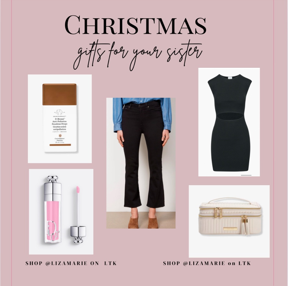 Holiday gift idea for your sister! Her favorite things she always trying to steal from you! Dior lip gloss, drunk elephant bronzing drops, and any other make up she loves. Black jeans by Pistola and black dress from Aritzia 

#LTKHoliday #LTKGiftGuide #LTKSeasonal