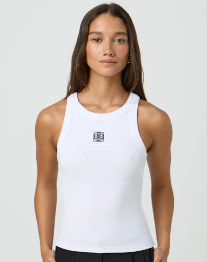 Embroidered Crew Neck Longline Tank in Globe/ White | Glassons | Glassons (Australia)