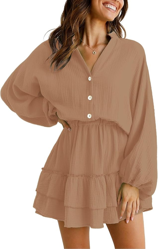 RAISECOM Women's Dress V Neck Long Lantern Sleeves Ruffle Tiered Solid Swing Mini Dress | Amazon (US)