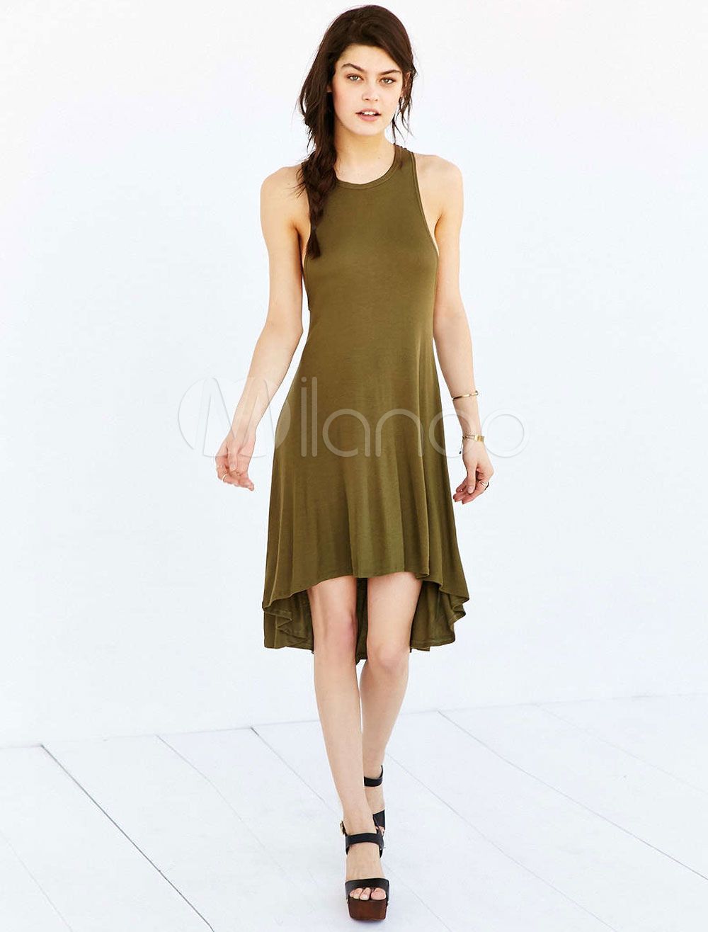 High Low Shirt Dress Hunter Green Sleeveless Crewneck Cotton Blend Summer Dress For Women | Milanoo