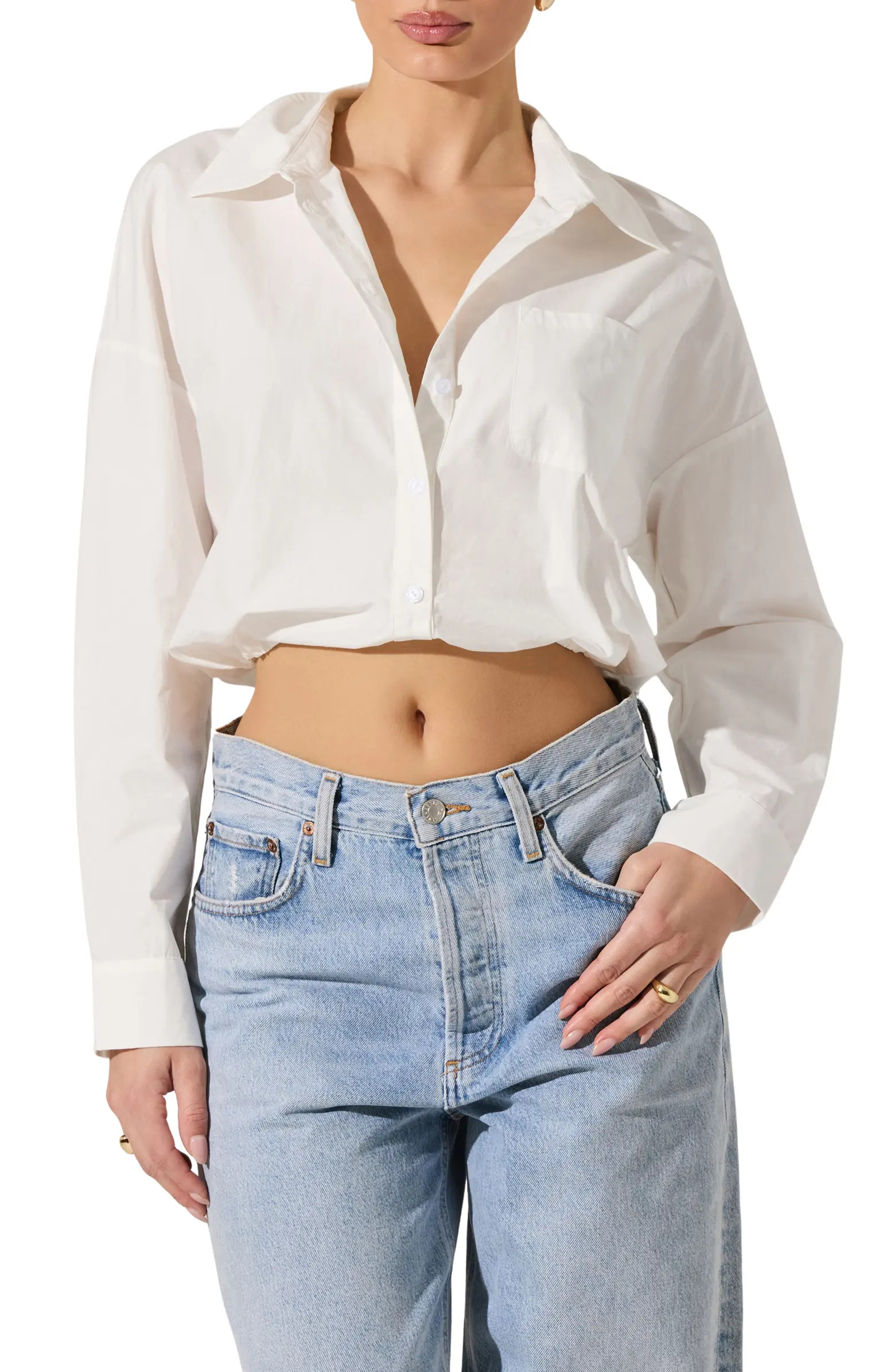 Long Sleeve Bubble Hem Cotton Poplin Button-Up Shirt | Nordstrom