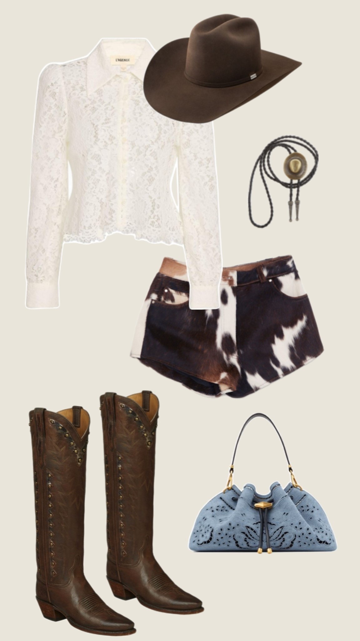 Western chic moment with a feminine twist 🤍 boots are Lucchese but sold out. Linked similar! 


lace long sleeve top styled with cowhide leather shorts, tall brown western boots, a structured felt cowboy hat, bolo necklace, and a soft blue suede mini bag. Elevated western outfit, modern cowgirl style, western fashion outfit, cowgirl chic look, lace blouse outfit, leather shorts outfit, tall western boots, fall western outfit, rodeo outfit inspo, western date night look, festival western outfit, neutral western style