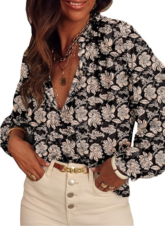 SHEWIN Women's Tops Casual V Neck Long Sleeve Shirts Floral Boho Blouses Tunics | Amazon (US)