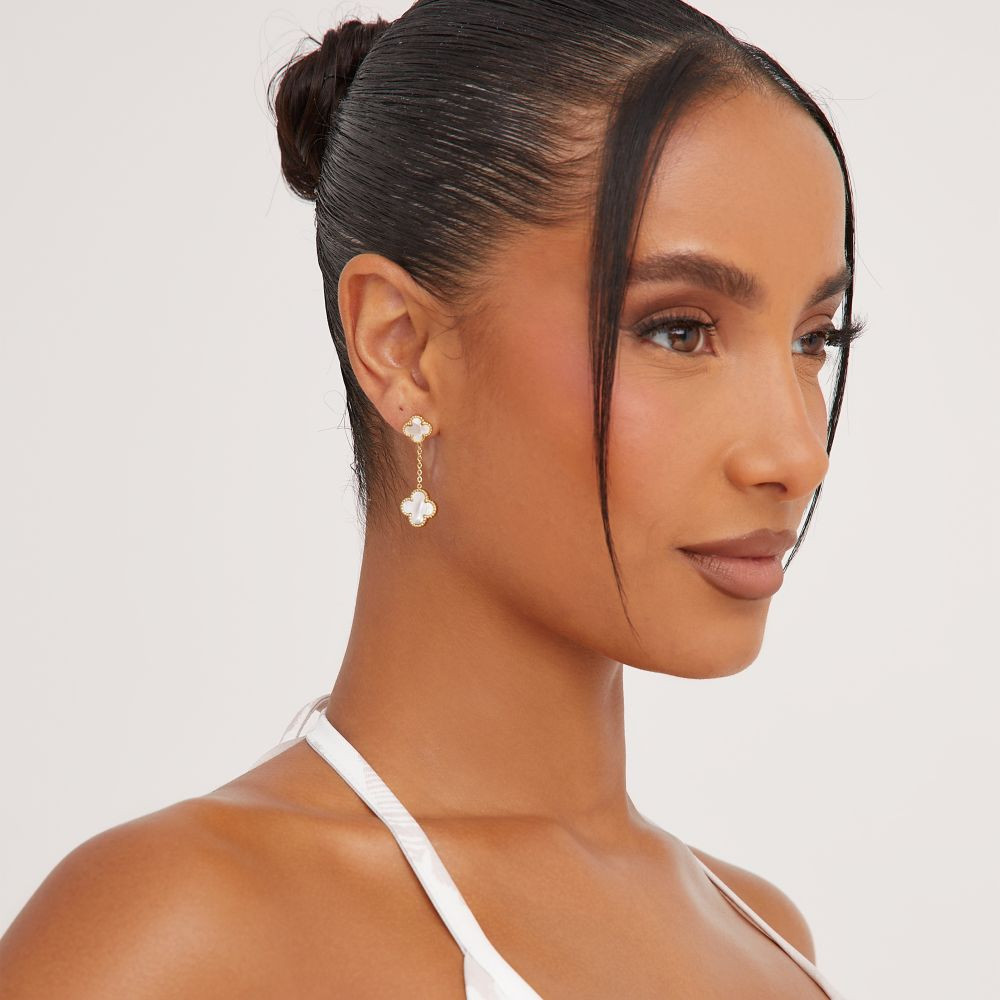 Small Flower Detail Drop Detail Earrings In White And Gold | EGO (UK)