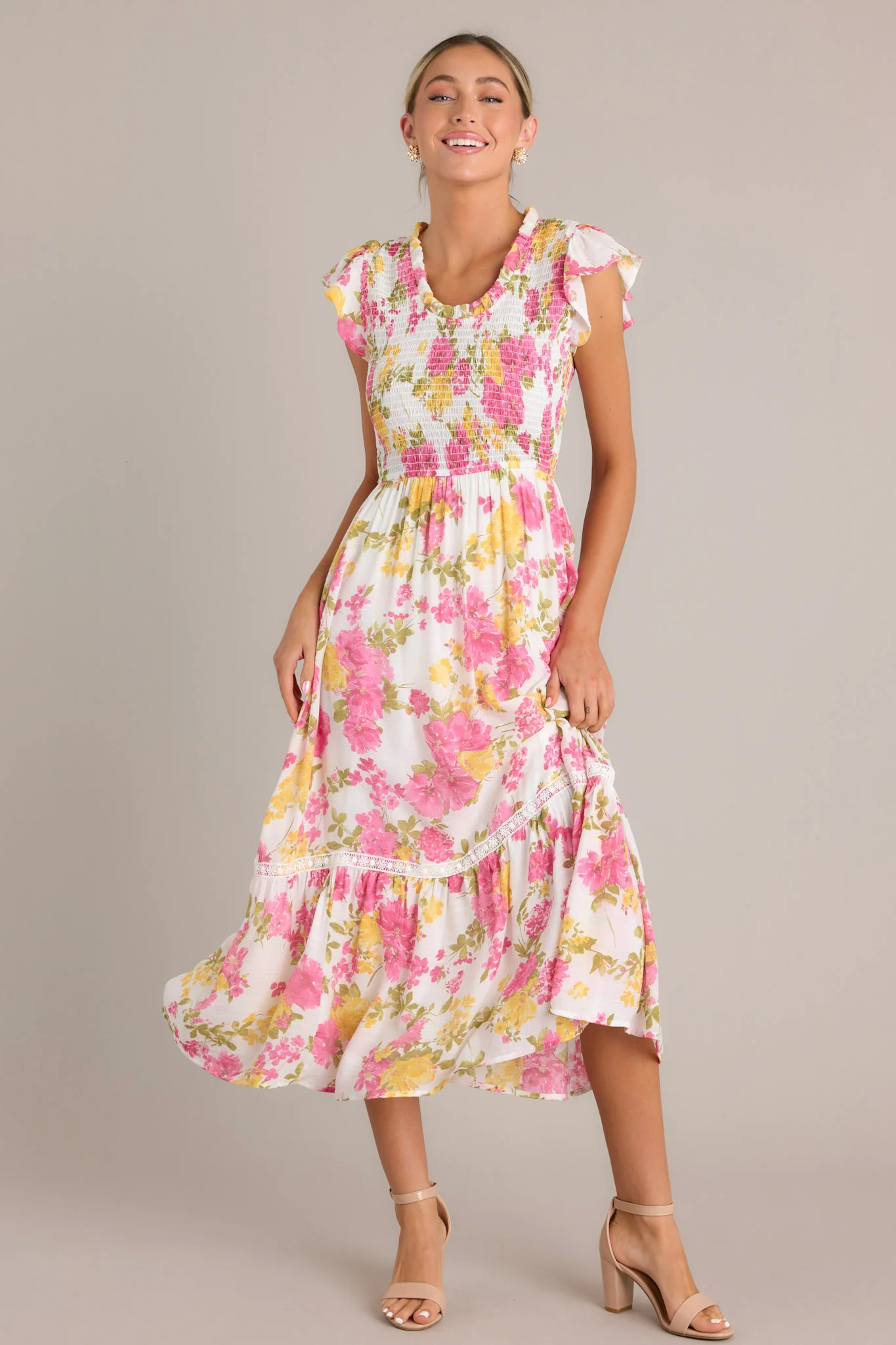 Bloom Burst White Multi Floral Midi Dress | Red Dress