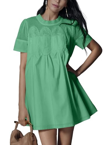 Shiyifa Womens Babydoll Lace Patchwork Dresses Summer Short Sleeve Ruffle Sundress Loose Crew Neck A-Line Dresses(Green-S) | Amazon (US)