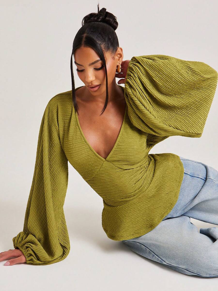 NYA SZN Top de cuello en V manga larga globo obispo texturizado para brunch trabajo negocios escuela casual diario salir elegante iglesia verde verano otoño invierno | SHEIN