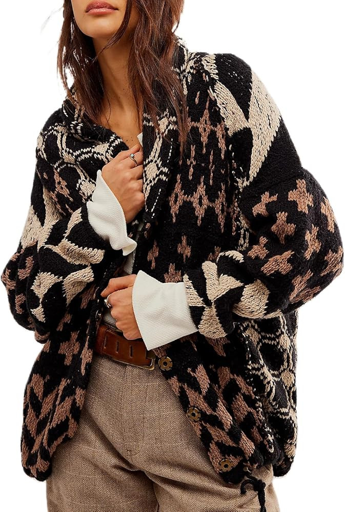 Women Shawl Collar Cardigan Sweater Y2k Print Botton Down Oversized Sweater Vintage Knit Sweater ... | Amazon (US)