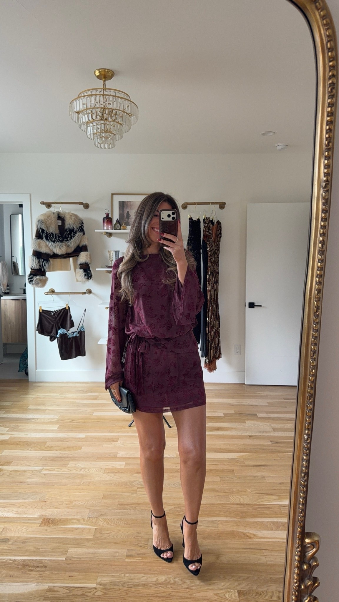 burgundy floral mini with long flared sleeves and a fringed waist tie vici fall and winter wedding guest and special occasion dress ✨

codes -
Vici: Emerson40 
Vivrelle: Emerson20 

In 5’4” and wearing my usual smalls 

fall event, fall wedding guest dresses, cocktail dresses, semi-formal dresses, black tie wedding guest dresses, destination wedding guest dresses, garden party dresses, wedding guest outfit ideas

#LTKSeasonal #LTKootd #LTKWedding