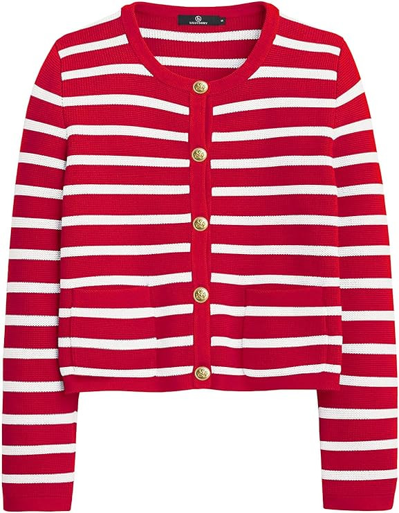 LILLUSORY Women's Crew Neck Gold Buttons Cardigan Sweaters Lady Jacket with Patch Pockets | Amazon (US)
