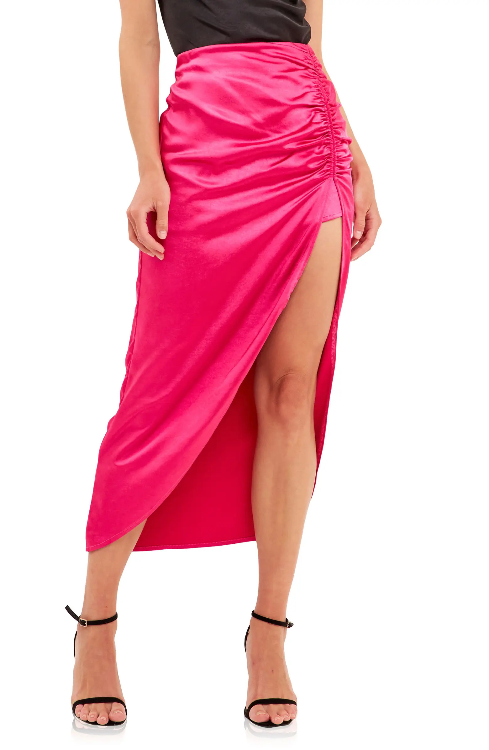 Endless Rose Side Slit Ruched Satin Midi Skirt | Nordstrom | Nordstrom