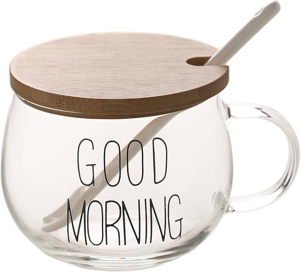 GOOD MORNING Clear Mug For Coffee Dessert Milk Tea Yogurt Round Glass Cup Handgrip Drinkware With... | Amazon (US)