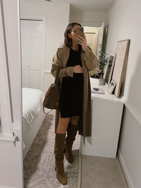 loving black tan & brown. 🤎 dress is by Legoe Heritage Maternity (can’t link) - coat is my fave splurge, boots are MANGO from last year. RM bag and linked similar ones.