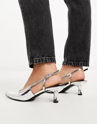 ASOS DESIGN Wide Fit Strut slingback kitten heeled shoes in silver | ASOS (Global)