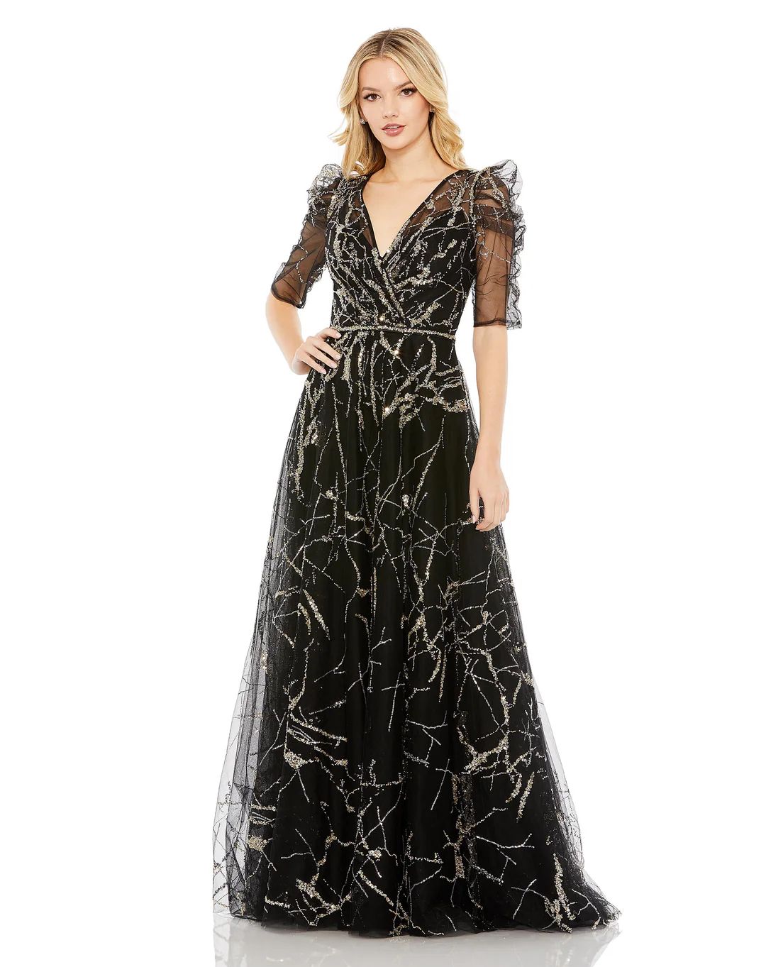 Embellished Gathered Puff Sleeve Faux Wrap Gown | Mac Duggal