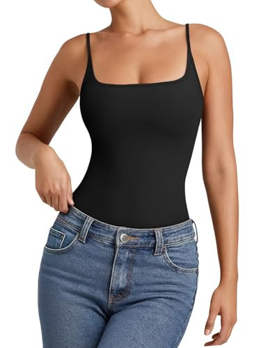 PINKMSTYLE Square Neck Black Bodysuit for Women Thong Body Suits Spaghetti Strap Tank Tops Double Lined Tops X-Small | Amazon (US)