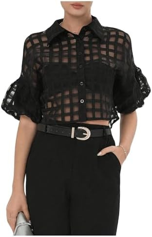Floerns Women's Button Down Sheer Mesh Short Sleeve Collared Neck Crop Blouse Shirts | Amazon (US)