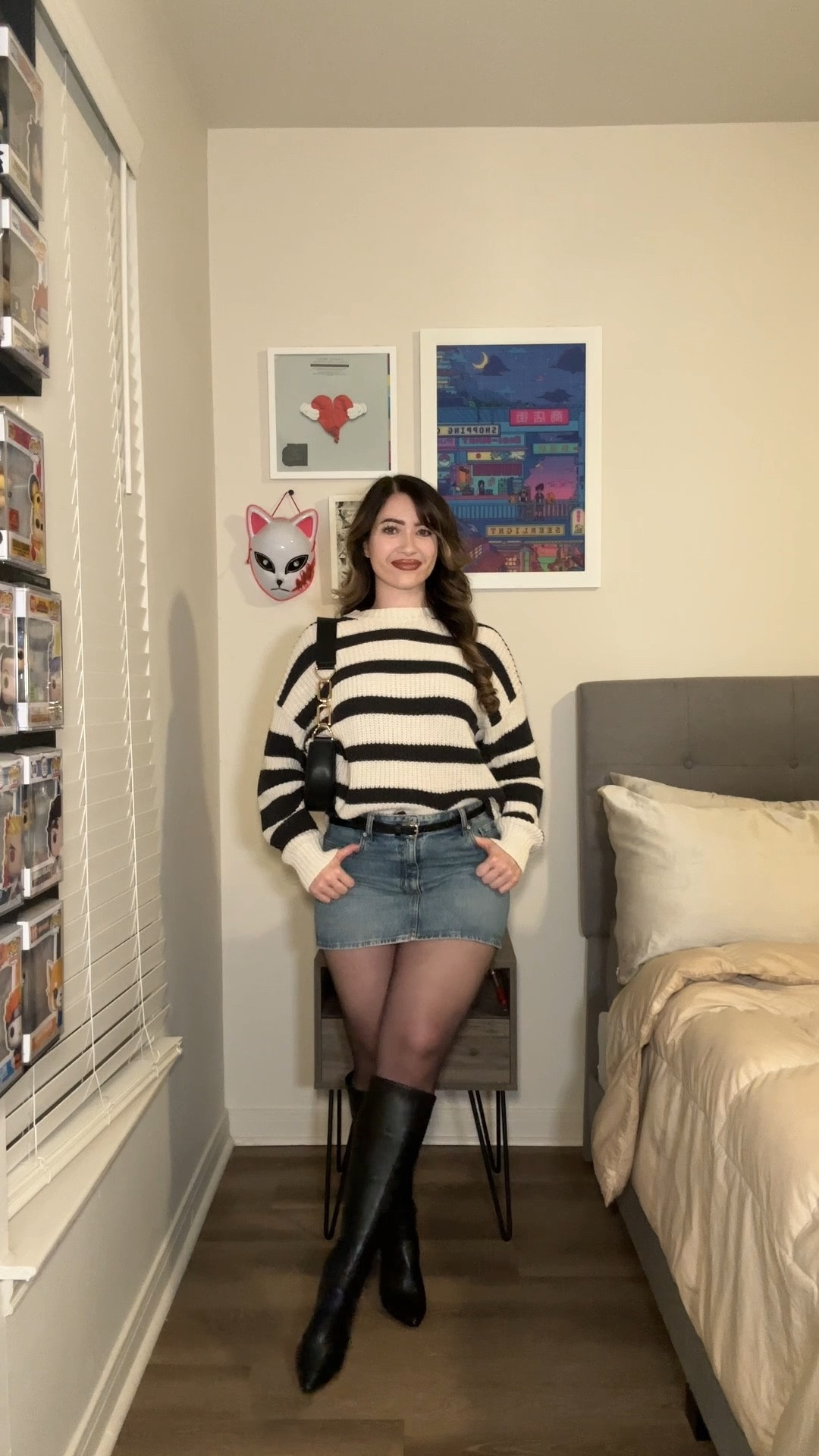 sweater and denim skirt outfit 

