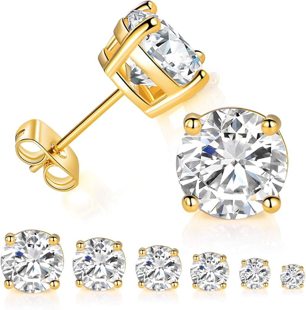 6 Pairs 14K Yellow Gold Plated Round Cut Clear Cubic Zirconia Stud Earring Pack | Amazon (US)