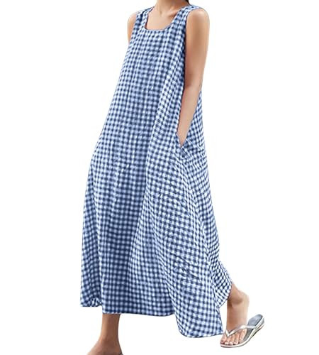 chouyatou Women's Summer Casual Loose-Fit Cotton Plaid Tank Maxi Dress with Pockets Boho Beach Sundress (X-Small, Dark Blue) | Amazon (US)