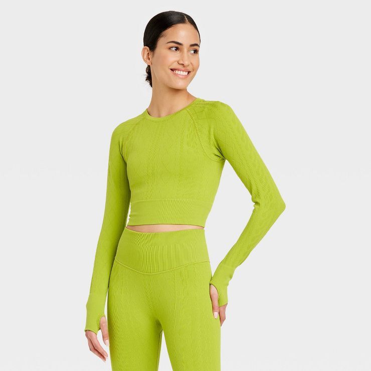 Women's Cropped Seamless Cable Knit Long Sleeve Top - JoyLab™ | Target