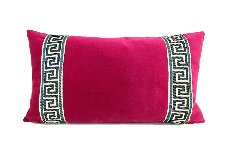 Fuchsia Pink Pillow Cover - Fuchsia Velvet Lumbar Pillow with Navy Blue Greek Key Trim | Etsy (US)