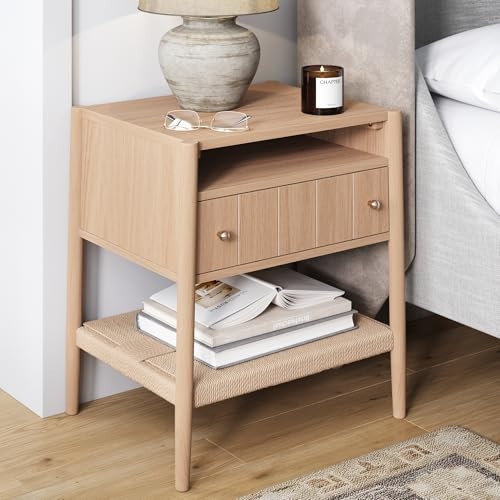 Nathan James Meads Wood Nightstand with Drawer, Vintage Nightstand with Seagrass Storage and Brass Handles, Raw Oak | Amazon (US)