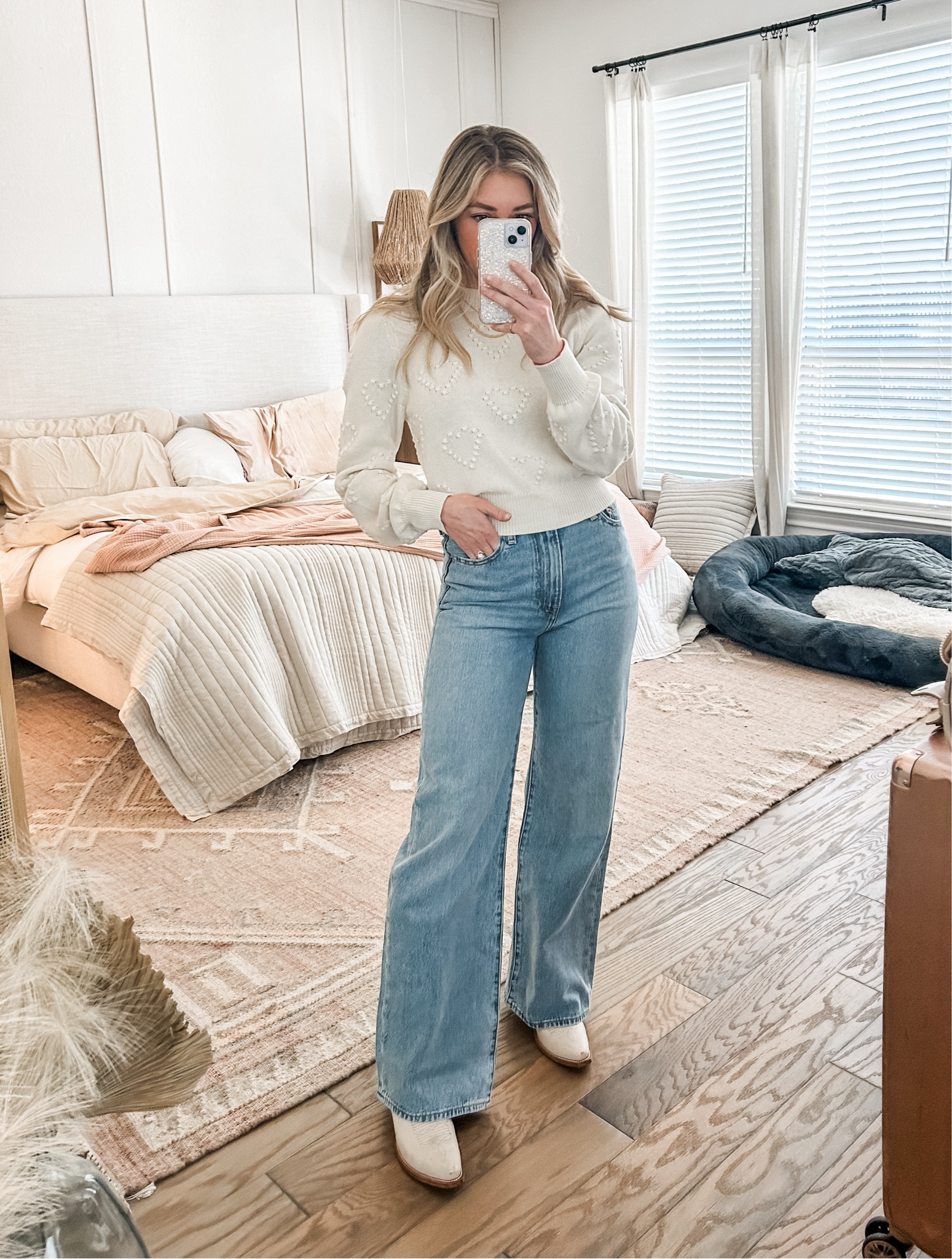 wide leg jeans (true to size!) puff sleeve sweet heart sweater and white cowgirl boots 

#LTKworkwear #LTKshoecrush #LTKstyletip