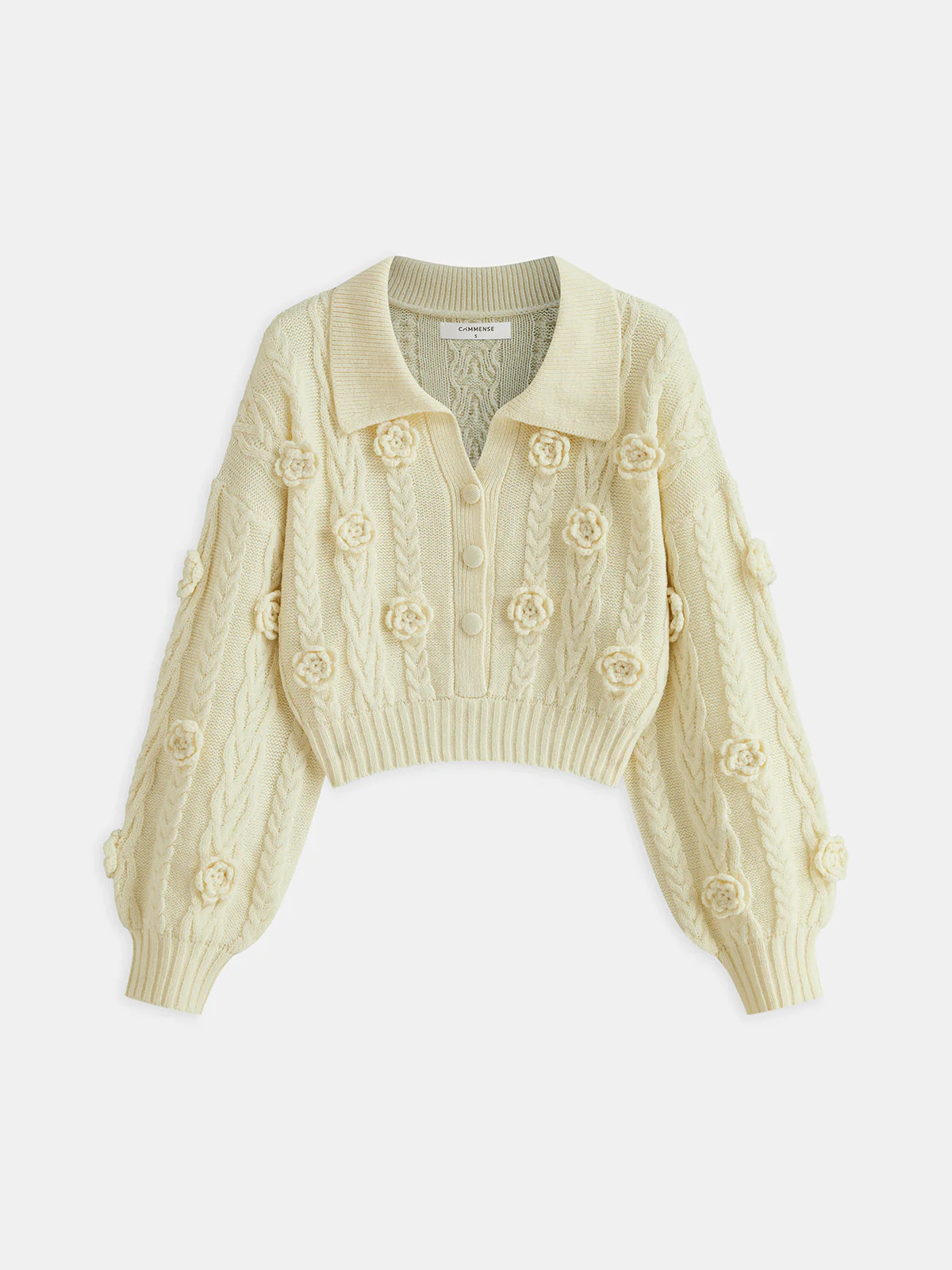 3D Floral Collared Cable Knit Top | Commense