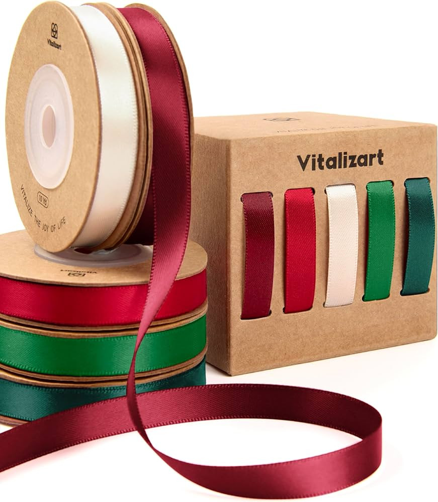 Vitalizart Christmas Ribbons for Crafts 3/8" x 50 Yd Satin Ribbon Green Red Cream White Double Fa... | Amazon (US)