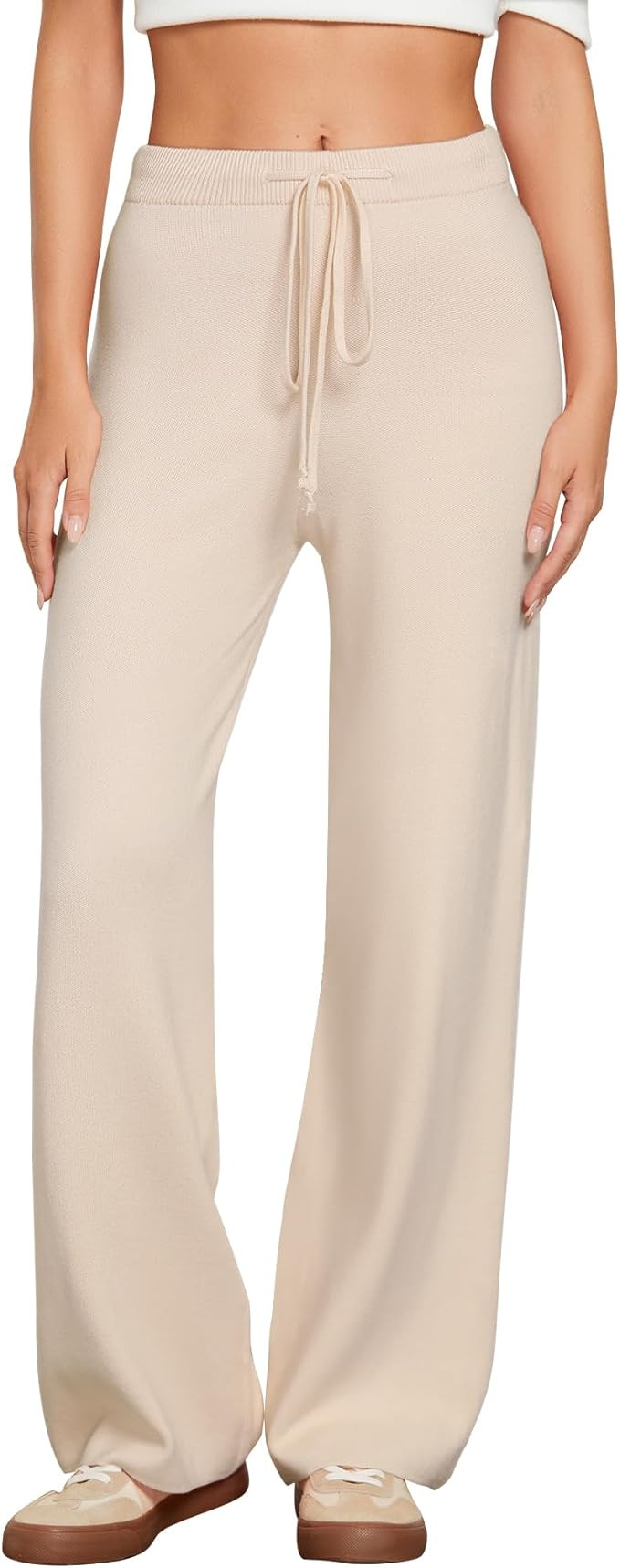 GRAPENT Women's Ribbed Knit Flowy Winter Pants Elastic Waist Tie Front Wide Leg Sweater Pants | Amazon (US)