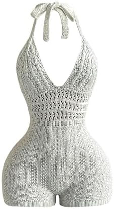 Amazon.com: WDIRARA Women's Boho Hollow Out Tie Backless Halter Jumpsuits Deep V Neck Knit One Pi... | Amazon (US)