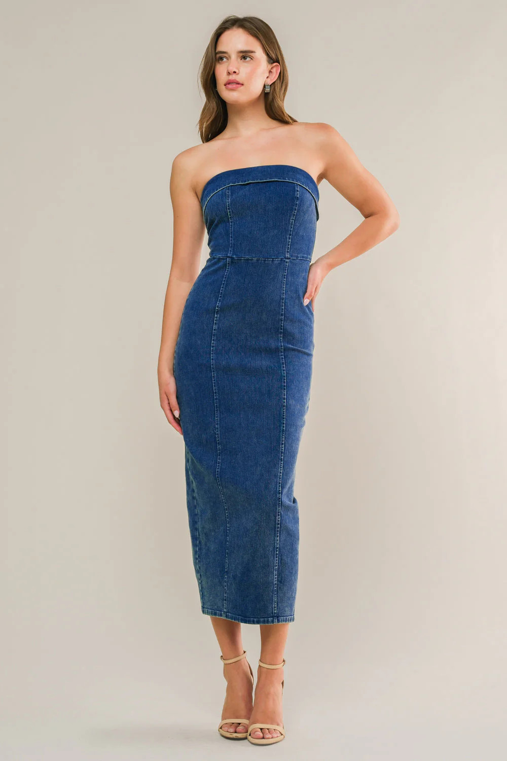 BLUE CRUSH STRAPLESS BODYCON DENIM MIDI DRESS | Lady Black Tie