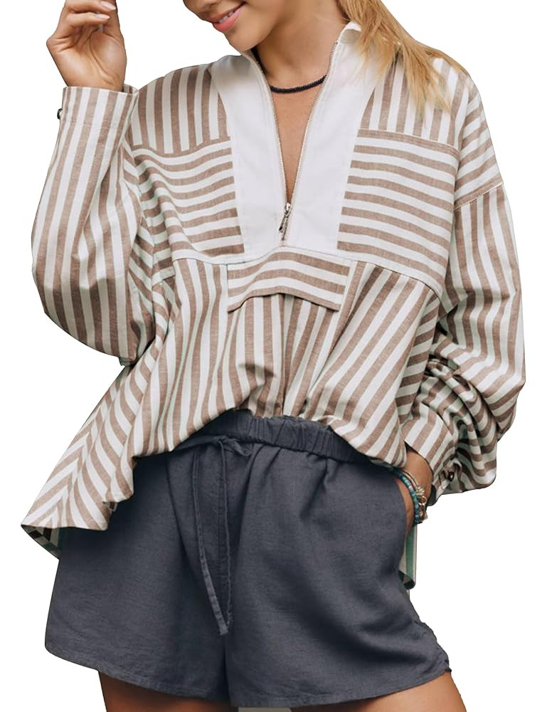 Women's Half Zip Striped Shirt Casual Ruffled Long Sleeve Oversized Loose Blouse Tops | Amazon (US)