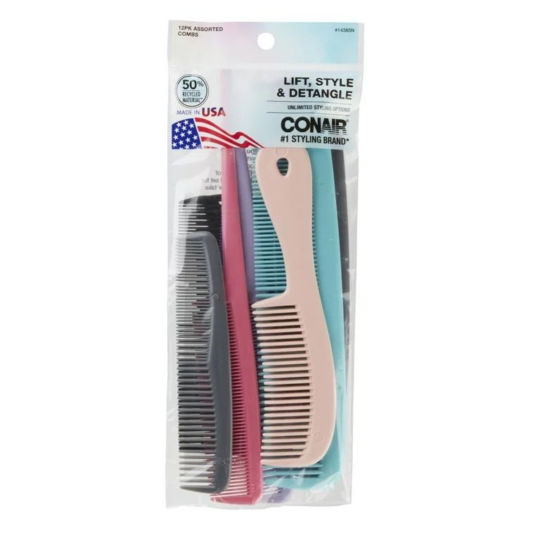 Conair Classic Sustainable Plastic Styling Hair Comb Variety Pack, Black, Blue, and Pink, 12 Ct | Walmart (US)