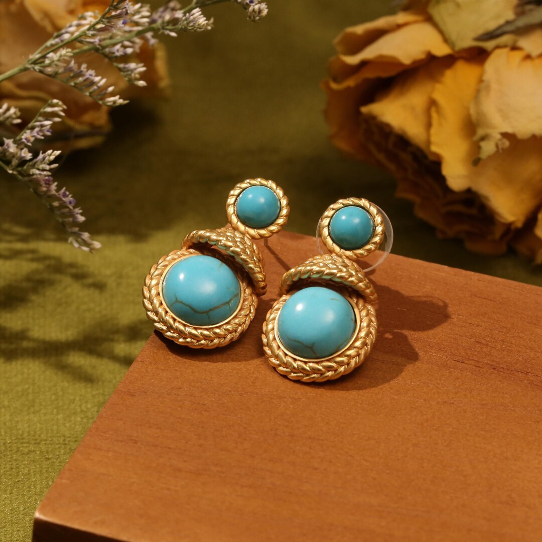 Turquoise Round Earrings Pendant, 18K Gold Natural Jewelry, Gemstone Earrings, Sterling Silver, G... | Etsy (Global)