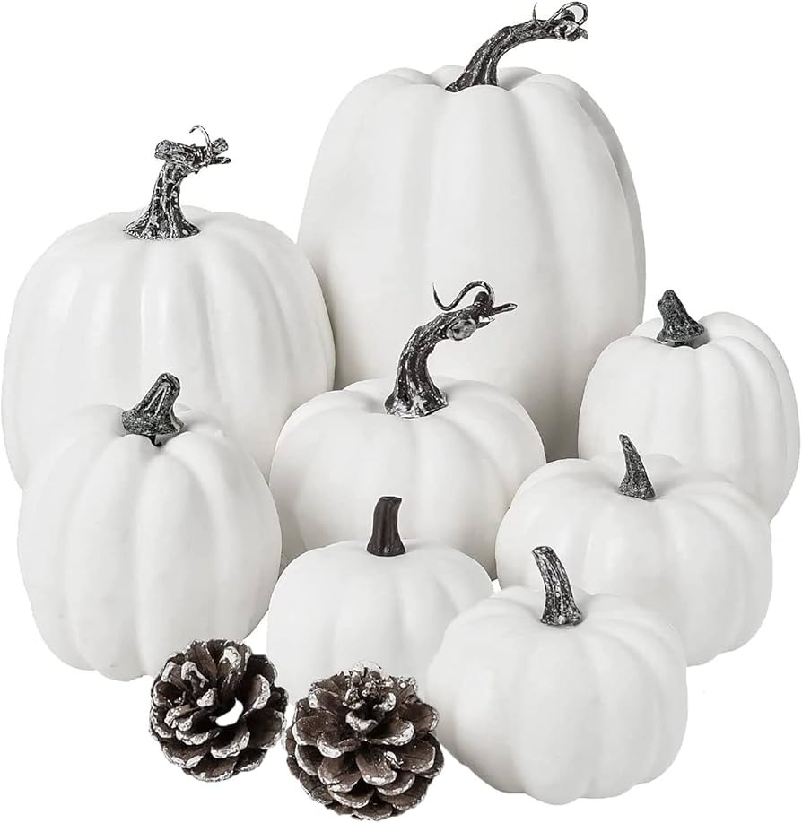 Lvydec White Pumpkins Set Thanksgiving Decoration Clearance, 8pc Assorted Size White Pumpkins wit... | Amazon (US)