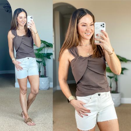 Amazon Cute one shoulder tank top size small,  off white shorts size small, my favorite strapless bra, 
summer outfit | everyday summer style 

#LTKSeasonal #LTKstyletip #LTKunder50
