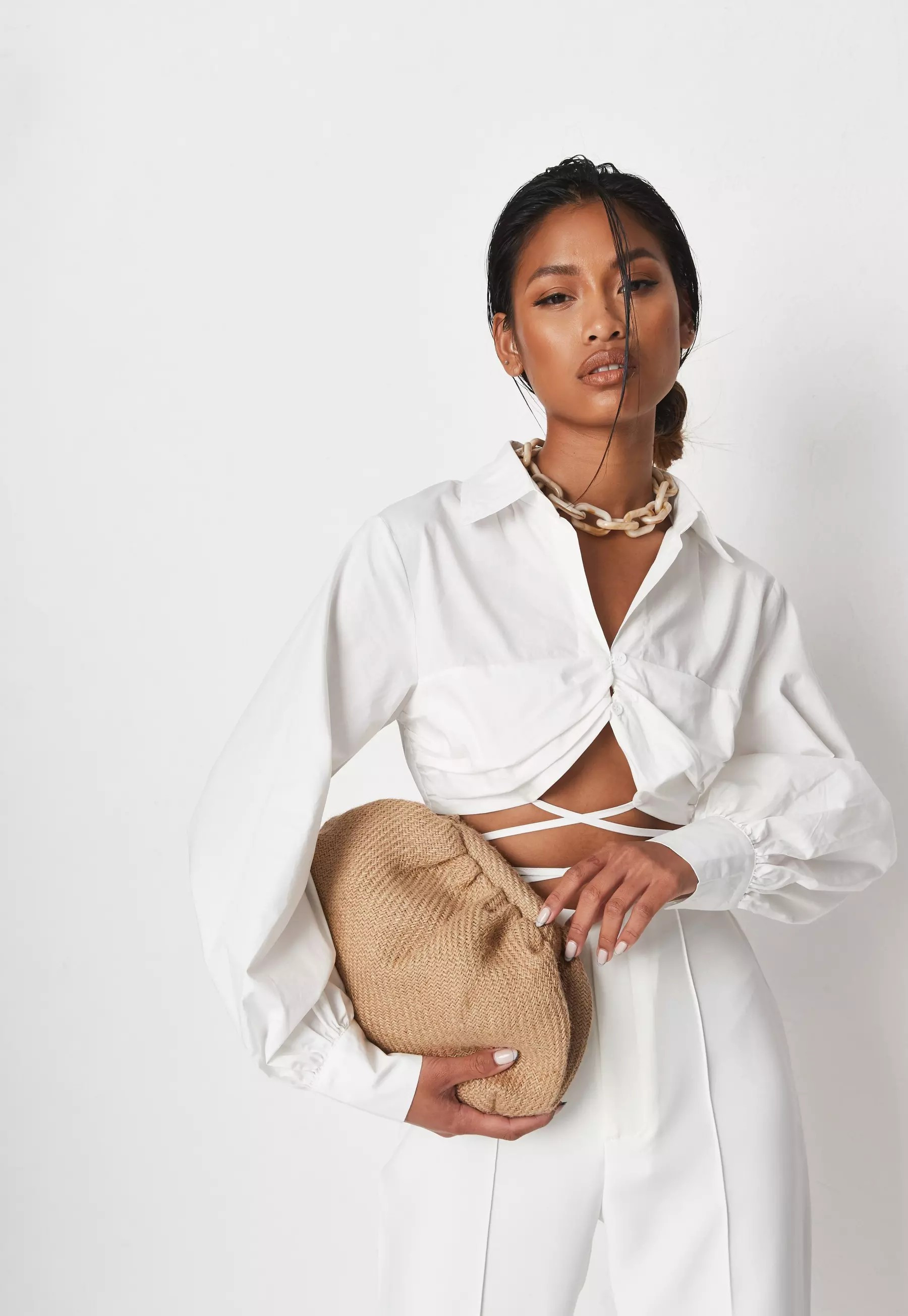 Missguided - Delaney Childs Edit White Wrap Over Poplin Crop Shirt | Missguided (US & CA)