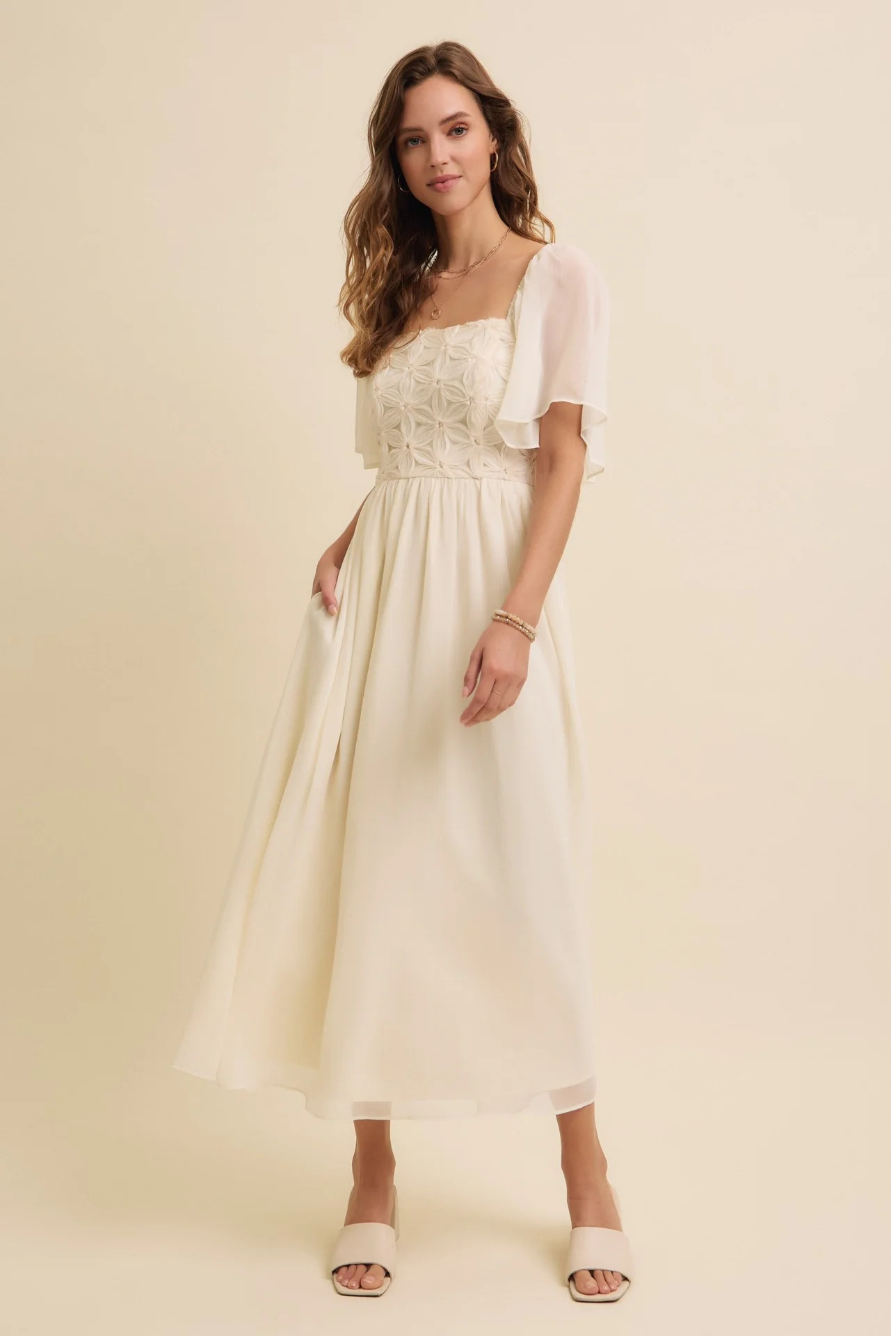 Cream Floral Applique Flutter Sleeved Midi Dress | PinkBlush Maternity