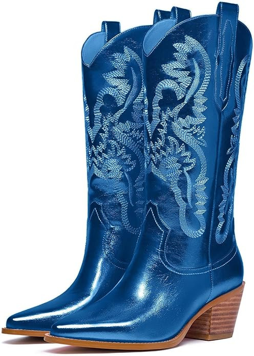 GOSERCE Cowboy Boots for Women - Metallic Mid Calf Cowgirl Boots with Embroidery Sparkly Western ... | Amazon (US)
