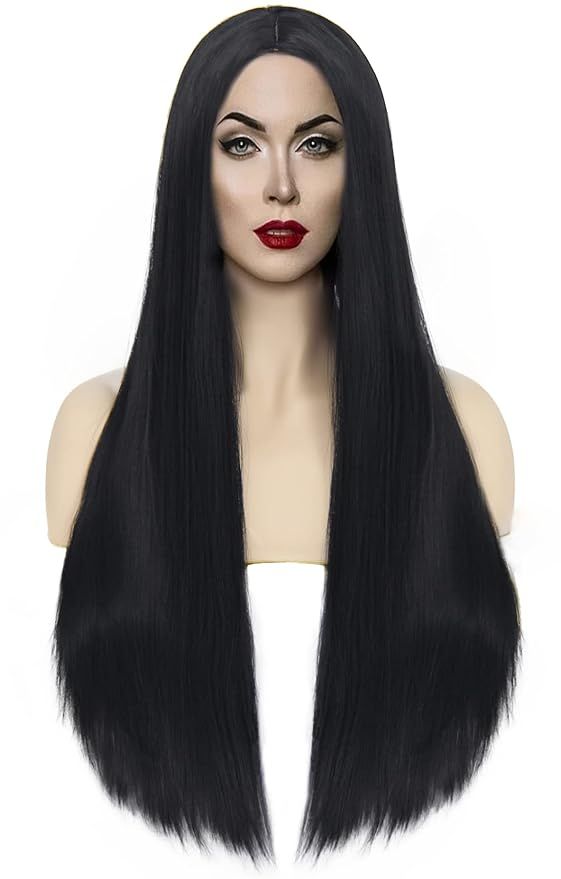 JIY Wigs for Morticia Addams Costume Cosplay Wig Long Black Straight Natural Looking Wig Middle P... | Amazon (US)