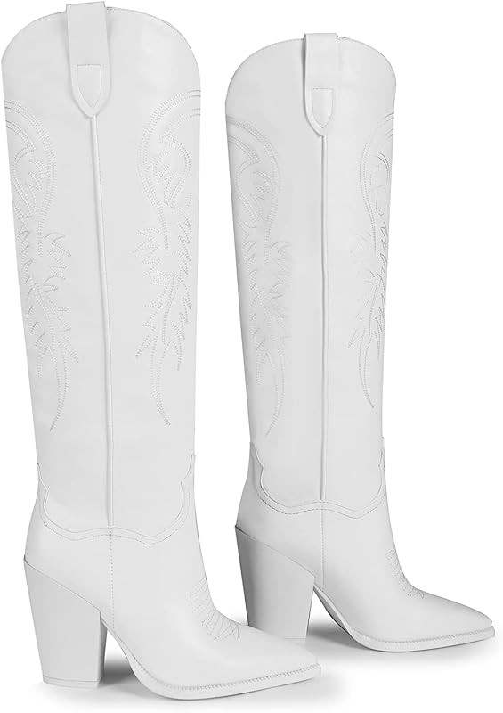 ISNOM Women's Western Boots Knee High Boots, Cowboy Cowgirl Embroidered Chunky Block Heel Pointed To | Amazon (US)