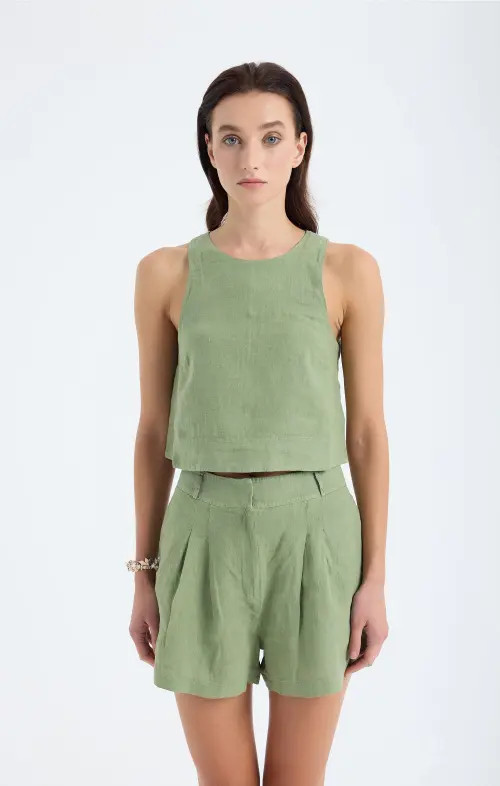 Monlicia Lena 100% Linen Sleeveless Crop Top in Green at Nordstrom, Size Small | Nordstrom