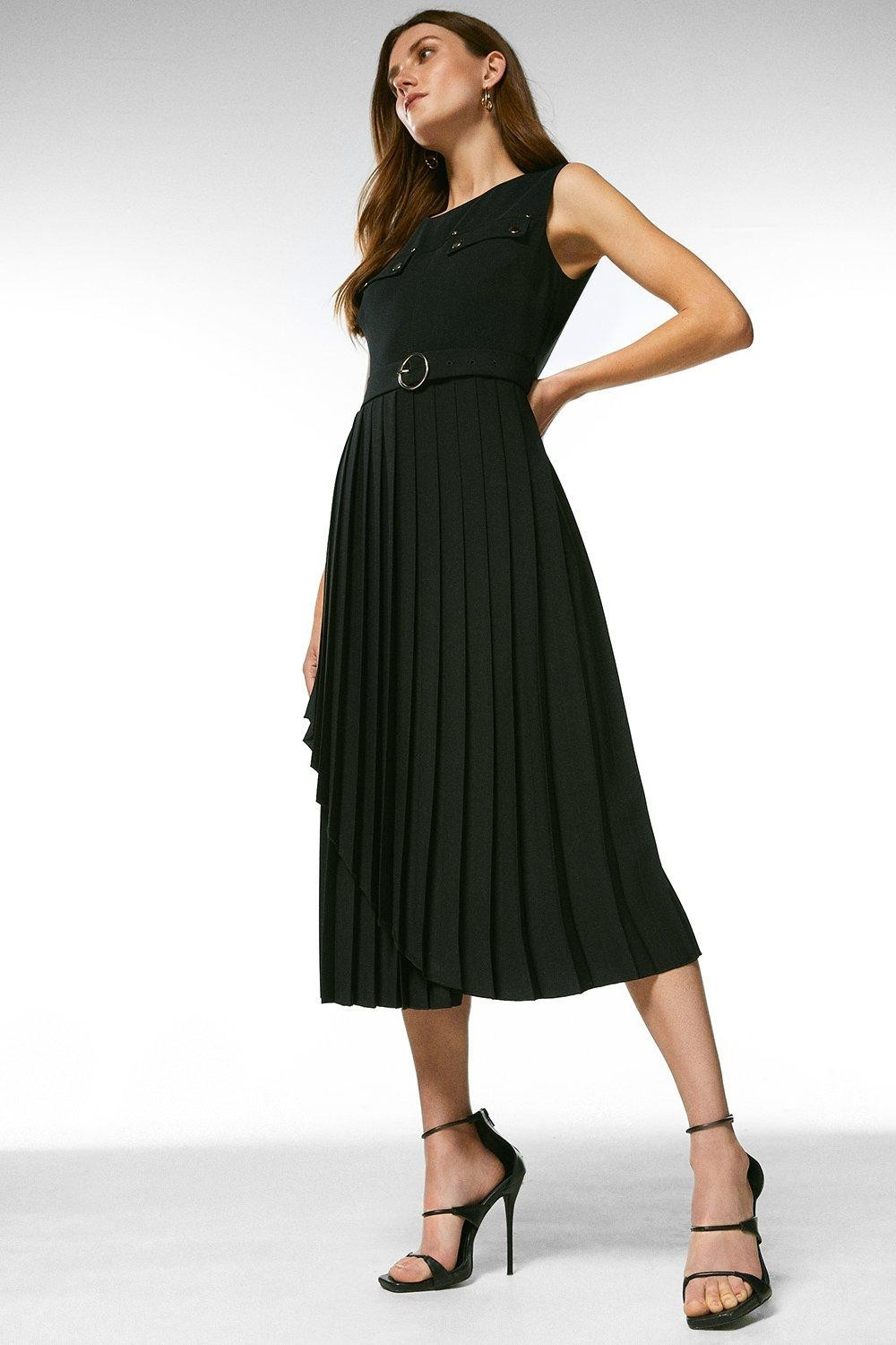 Pleated Wrap Skirt Belted Dress | Karen Millen UK & IE