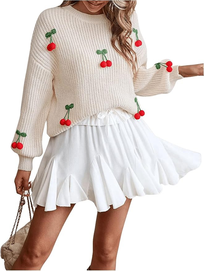 Women's 3D Cherry Embroidered Crew Neck Pullover Sweaters Drop Shoulder Long Sleeve Knitted Tops | Amazon (US)