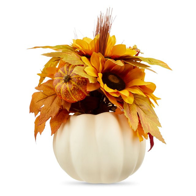 Fall, Harvest 12 in Floral in White Foam Pumpkin Pot, Table Decoration, Way to Celebrate | Walmart (US)